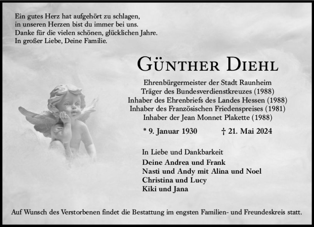  Traueranzeige für Günther Diehl vom 25.05.2024 aus Rüsselsheimer Echo