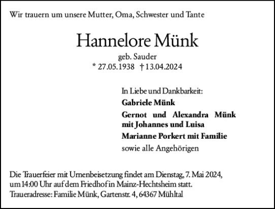 Traueranzeige von Hannelore Münk von Allgemeine Zeitung Mainz