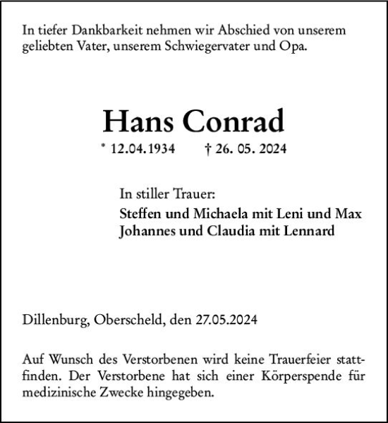 Traueranzeige von Hans Conrad von Dill Block