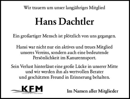 Traueranzeige von Hans Dachtler von Allgemeine Zeitung Mainz