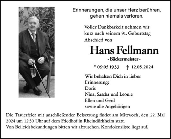Traueranzeige von Hans Fellmann von Wormser Zeitung
