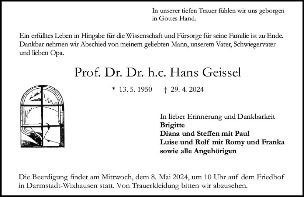  Traueranzeige für Hans Geissel vom 04.05.2024 aus Darmstädter Echo