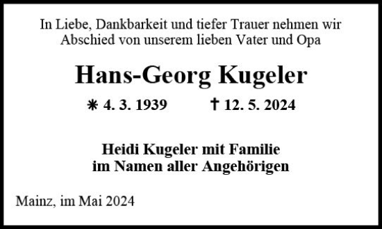 Traueranzeige von Hans-Georg Kugeler von Allgemeine Zeitung Mainz