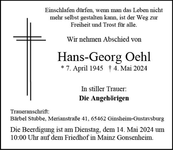 Traueranzeige von Hans-Georg Oehl von Allgemeine Zeitung Mainz