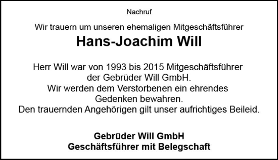 Traueranzeige von Hans-Joachim Will von Nassauische Neue Presse
