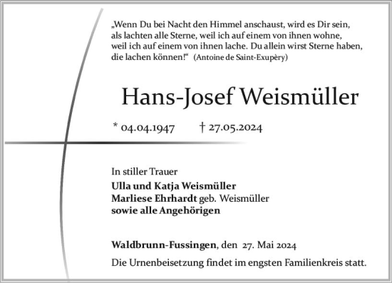 Traueranzeige von Hans-Josef Weismüller von Nassauische Neue Presse