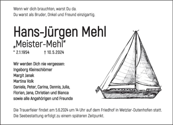Traueranzeige von Hans-Jürgen Mehl von Wetzlarer Neue Zeitung
