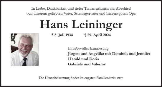 Traueranzeige von Hans Leininger von Wiesbadener Kurier