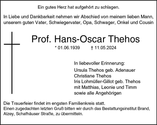 Traueranzeige von Hans-Oscar Thehos von Allgemeine Zeitung Alzey