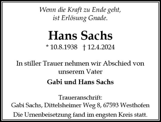 Traueranzeige von Hans Sacks von Rüsselsheimer Echo
