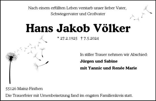 Traueranzeige von Hans Jakob Völker von Allgemeine Zeitung Mainz