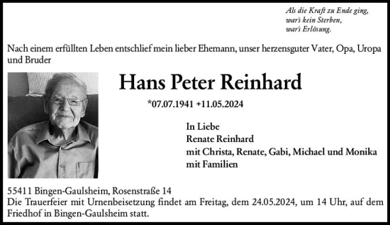 Traueranzeige von Hans Peter Reinhard von Binger-/Ingelheimer Wochenblatt