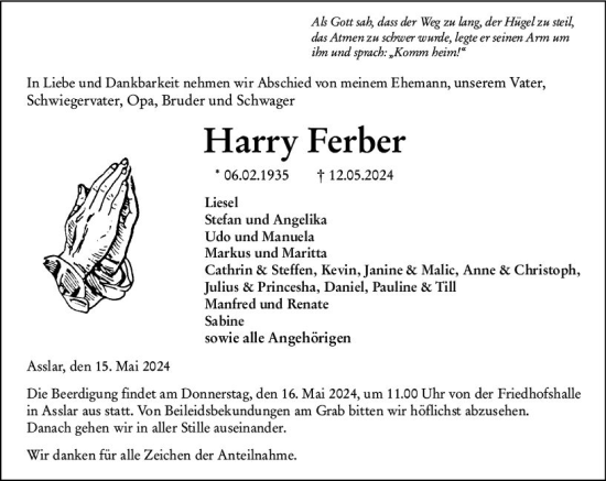Traueranzeige von Harry Ferber von Wetzlarer Neue Zeitung