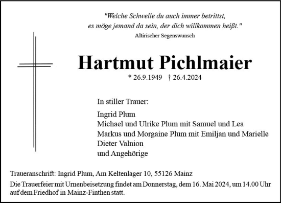 Traueranzeige von Hartmut Pichlmaier von Allgemeine Zeitung Mainz