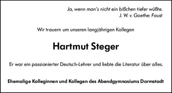 Traueranzeige von Hartmut Steger von Darmstädter Echo