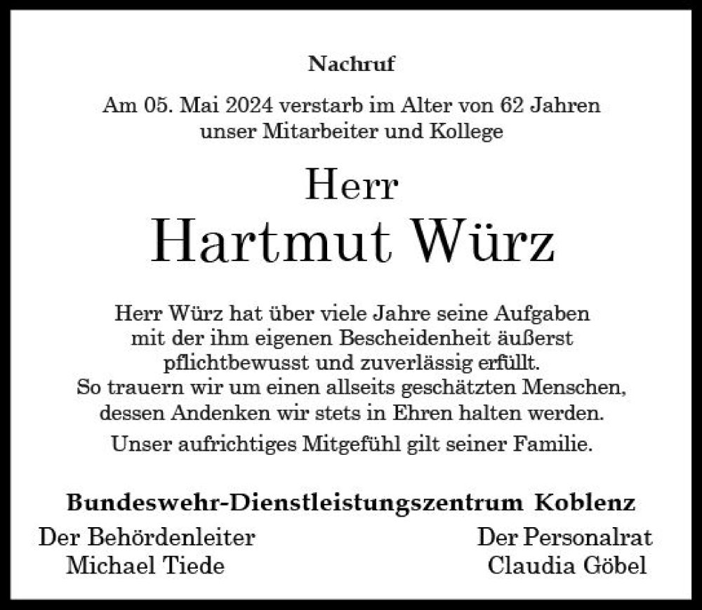  Traueranzeige für Hartmut Würz vom 08.05.2024 aus Dill Block