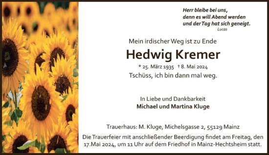 Traueranzeige von Hedwig Kremer von Allgemeine Zeitung Mainz