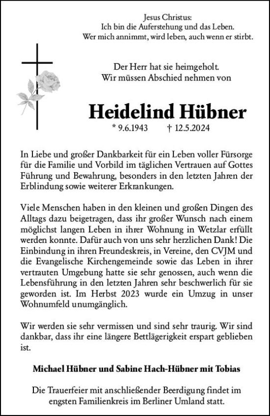 Traueranzeige von Heidelind Hübner von Wetzlarer Neue Zeitung