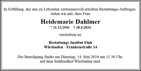 Traueranzeige von Heidemarie Dahlmer von Wiesbadener Kurier