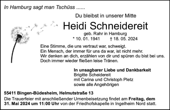 Traueranzeige von Heidi Schneidereit von Binger-/Ingelheimer Wochenblatt