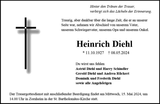 Traueranzeige von Heinrich Diehl von Allgemeine Zeitung Mainz