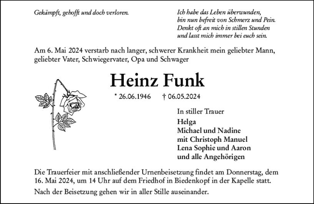  Traueranzeige für Heinz Funk vom 13.05.2024 aus Hinterländer Anzeiger