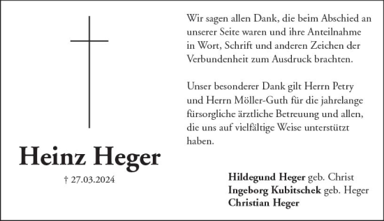 Traueranzeige von Heinz Heger von Wetzlarer Neue Zeitung