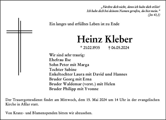 Traueranzeige von Heinz Kleber von Wetzlarer Neue Zeitung