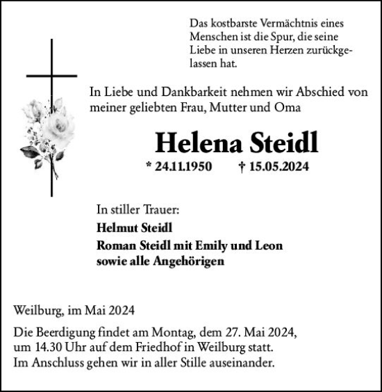Traueranzeige von Helena Steidl von Weilburger Tageblatt