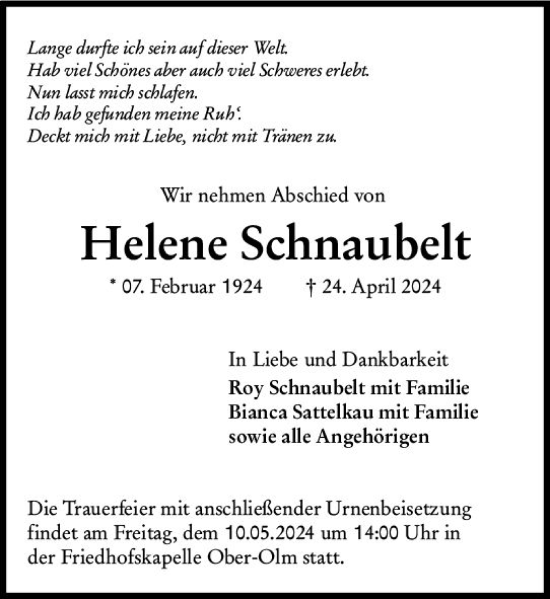 Traueranzeige von Helene Schnaubelt von Allgemeine Zeitung Mainz