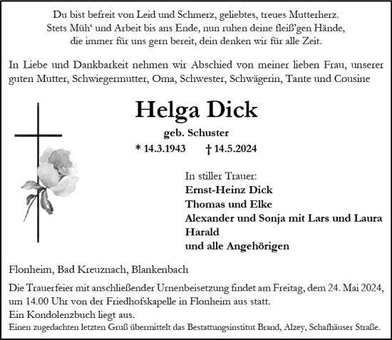 Traueranzeige von Helga Dick von Allgemeine Zeitung Alzey