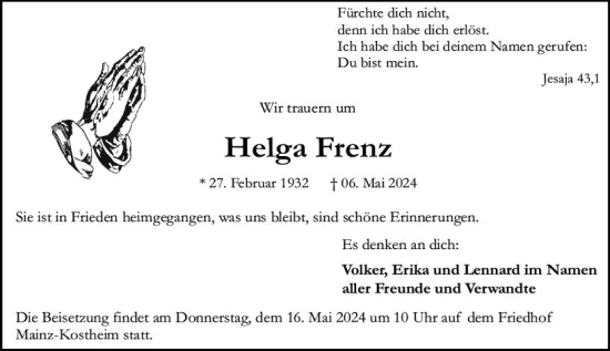 Traueranzeige von Helga Frenz von Allgemeine Zeitung Mainz