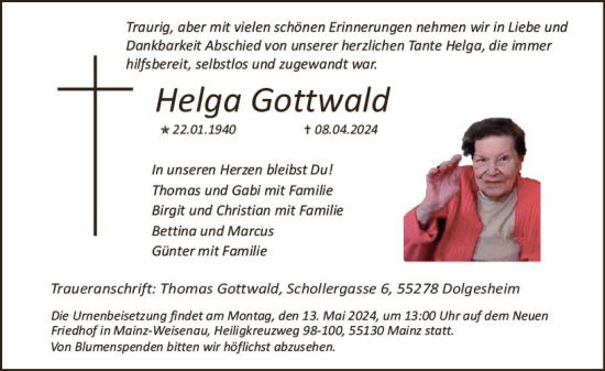 Traueranzeige von Helga Gottwald von Allgemeine Zeitung Mainz