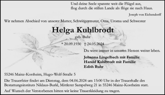 Traueranzeige von Helga Kuhlbrodt von Allgemeine Zeitung Mainz