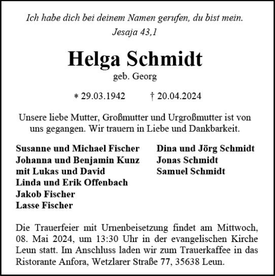 Traueranzeige von Helga Schmidt von Wetzlarer Neue Zeitung