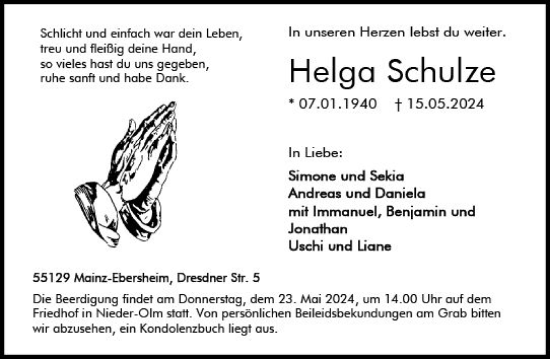 Traueranzeige von Helga Schulze von Allgemeine Zeitung Mainz