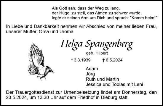 Traueranzeige von Helga Spangenberg von Dieburger Anzeiger/Groß-Zimmerner Lokal-Anzeiger