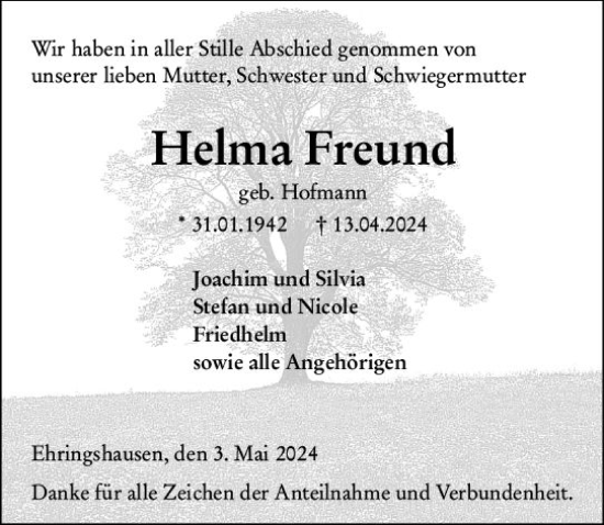 Traueranzeige von Helma Freund von Wetzlarer Neue Zeitung