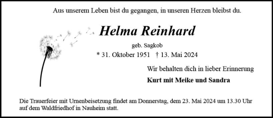 Traueranzeige von Helma Reinhard von Groß-Gerauer Echo