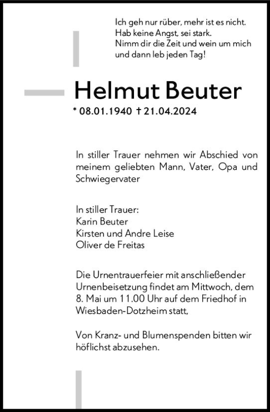 Traueranzeige von Helmut Beuter von Wiesbadener Kurier