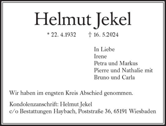 Traueranzeige von Helmut Jekel von Wiesbadener Kurier