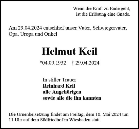 Traueranzeige von Helmut Keil von Allgemeine Zeitung Mainz