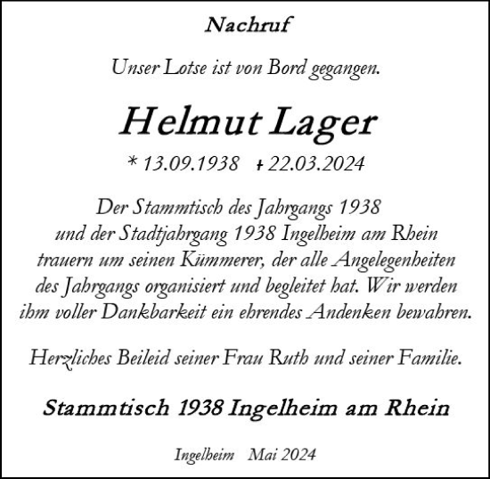Traueranzeige von Helmut Lager von Allgemeine Zeitung Bingen/Ingelheim