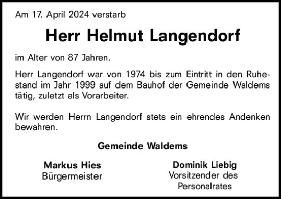 Traueranzeige von Helmut Langendorf von Idsteiner Land/Untertaunus