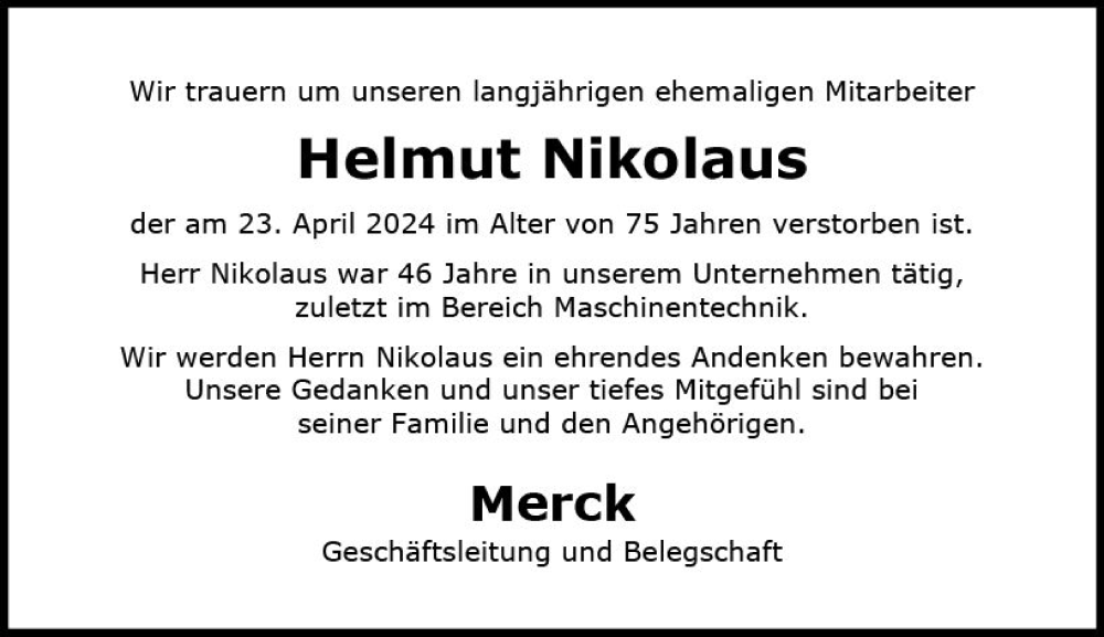  Traueranzeige für Helmut Nikolaus vom 04.05.2024 aus Darmstädter Echo
