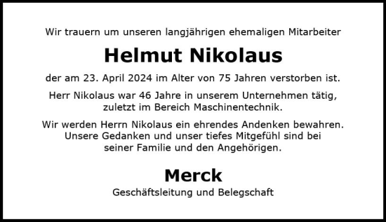 Traueranzeige von Helmut Nikolaus von Darmstädter Echo