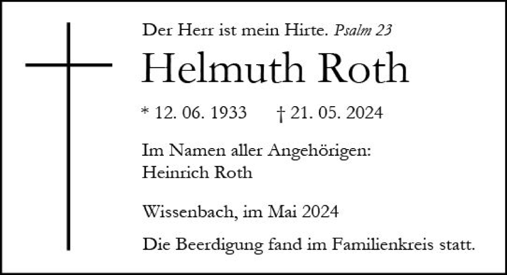  Traueranzeige für Helmuth Roth vom 28.05.2024 aus Dill Block