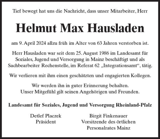 Traueranzeige von Helmut Max Hausladen von Allgemeine Zeitung Mainz