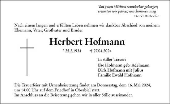Traueranzeige von Herbert Hofmann von Wetzlarer Neue Zeitung