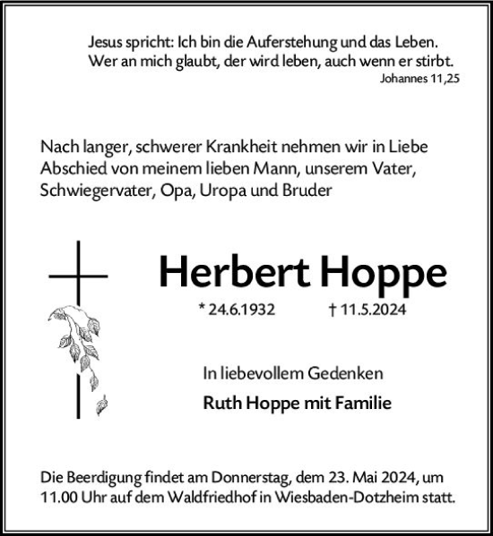 Traueranzeige von Herbert Hoppe von Wiesbadener Kurier